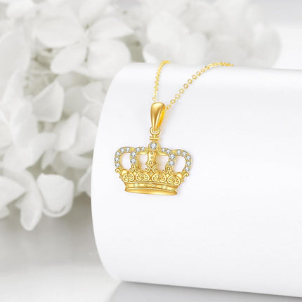 14K Gold Diamond Pearl Crown Pendant Necklace for Women
