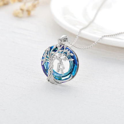 925 Sterling Silver Blue Crystal Tree of Life Initial Necklace Family Letter Pendant Birthday Mother s Day Gifts for Her