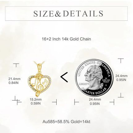 14K Gold Heart Rose Musical Notes Pendant Necklace with Cubic Zirconia for Women Girls Mother's Day Gift