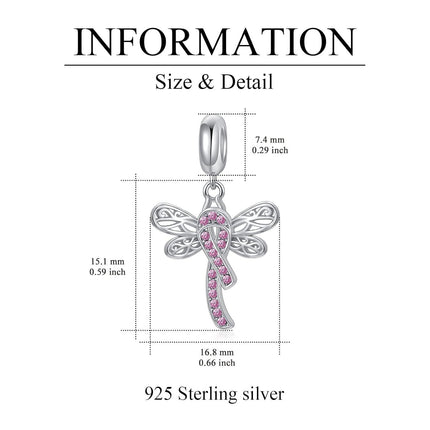 Sterling Silver & Pink Austrian Crystals Dragonfly Pink Ribbon Charm for Pandora Bracelets 15.1x16.8mm