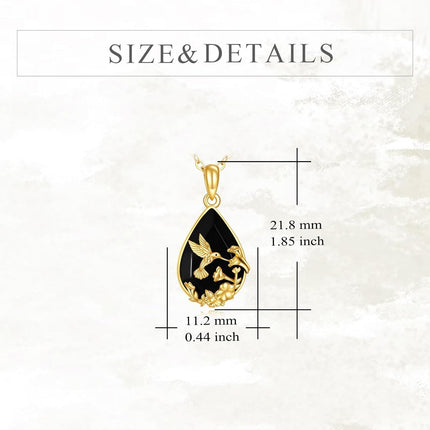 14K Gold Solid 14K Gold Black Onyx Hummingbird Flower Pendant Gothic Necklace