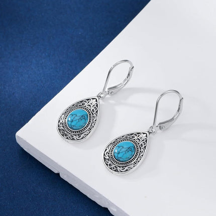 925 Sterling Silver Genuine Turquoise Teardrop Filigree Leverback Dangle Earrings