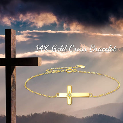 14K Gold Sideways Cross CZ Star Charm Chain Link Bracelet for Women Adjustable Religious s