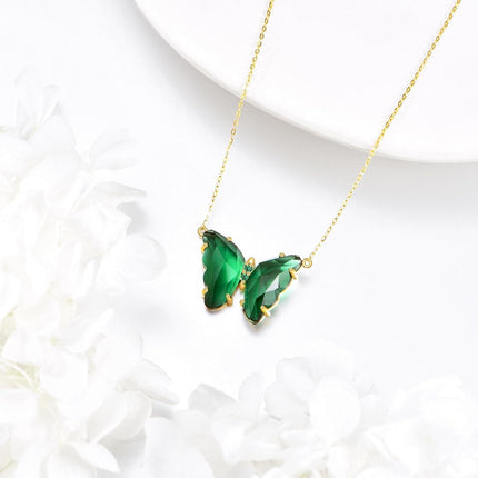 14K Gold Butterfly Green Crystal Pendant Necklace 18 Chain s for Her