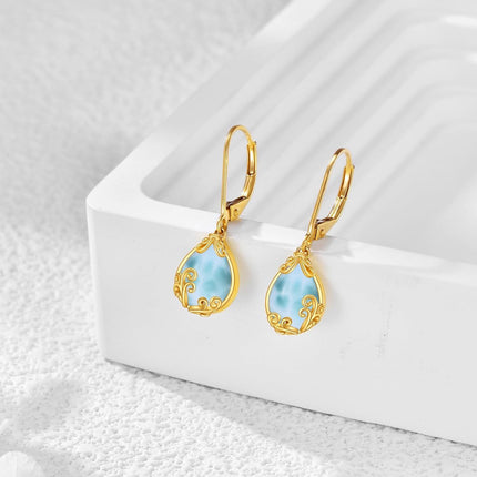 14K Gold Teardrop Larimar Leverback Earrings for Women's Fashion s
