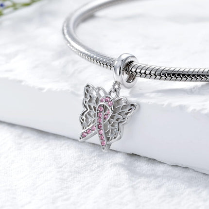 Sterling Silver & Pink Austrian Crystals Butterfly Pink Ribbon Charm for Pandora Bracelets 12.2x13.9mm
