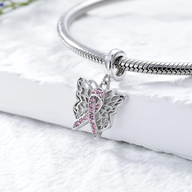 Sterling Silver & Pink Austrian Crystals Butterfly Pink Ribbon Charm for Pandora Bracelets 12.2x13.9mm