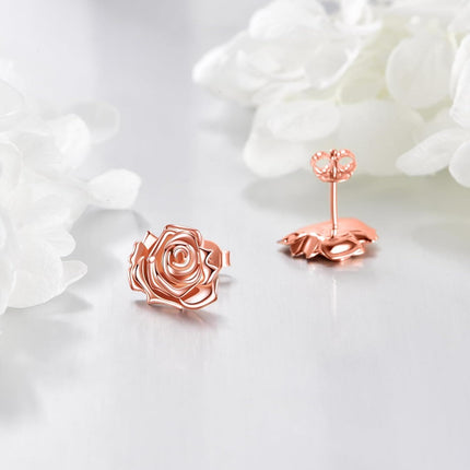 Rose Gold 925 Sterling Silver Rose Stud Earrings - Birth Flower  for Women