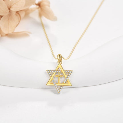 14k Gold Star of David Cross CZ Pendant Necklace 14K Gold  Chain for Women Mom Lovers