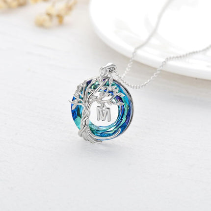 925 Sterling Silver Blue Crystal Tree of Life Initial Necklace Family Letter Pendant Birthday Mother s Day Gifts for Her