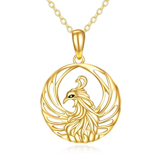 14K Gold Round Cutout Phoenix Bird Charm Pendant Necklace for Women and Girls