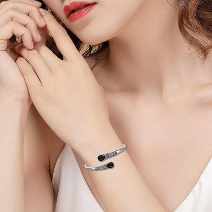 925 Sterling Silver Black Onyx Gemstone Adjustable Bohemian Cuff Bracelet