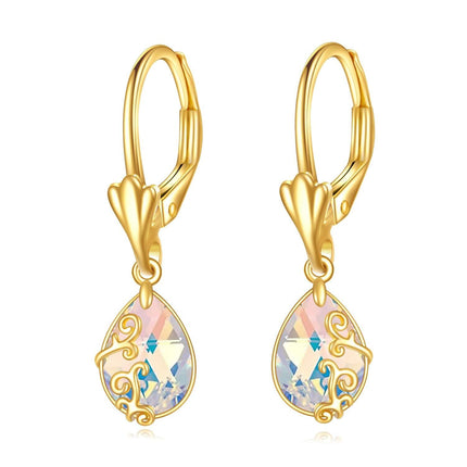 14K Gold Sun & Moon Filigree Teardrop Dangle Leverback Earrings