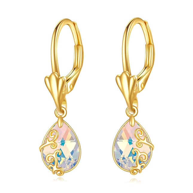 14K Gold Sun & Moon Filigree Teardrop Dangle Leverback Earrings