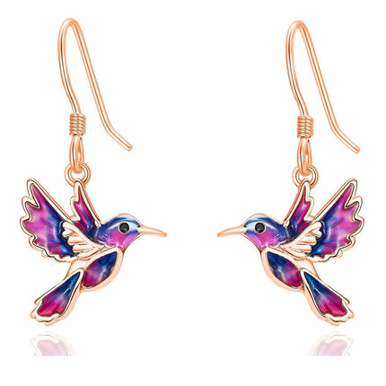 925 Sterling Silver Purple & Blue Enamel Hummingbird Dangle Drop Earrings for Women