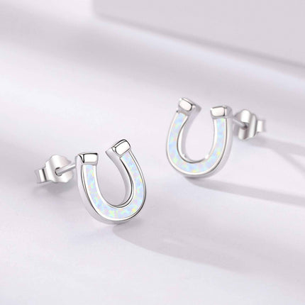 925 Sterling Silver Horseshoe Stud Earrings Synthetic Opal Hypoallergenic Dainty  for Her