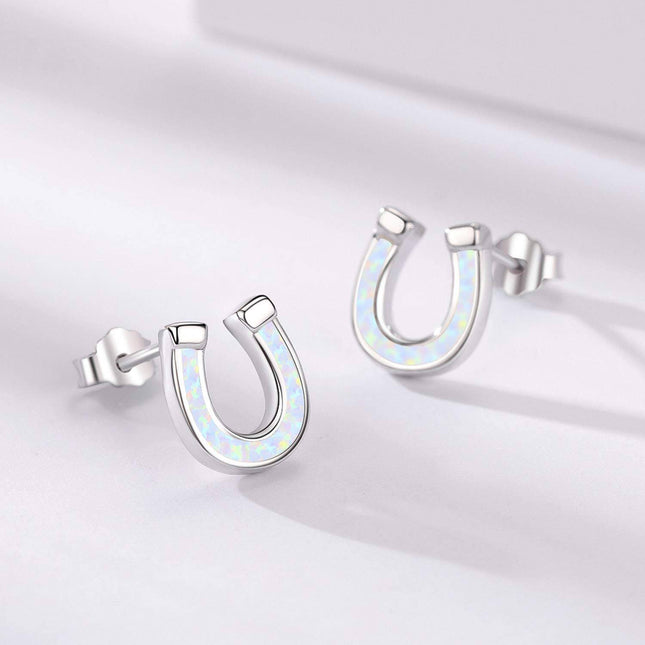 925 Sterling Silver Horseshoe Stud Earrings Synthetic Opal Hypoallergenic Dainty  for Her