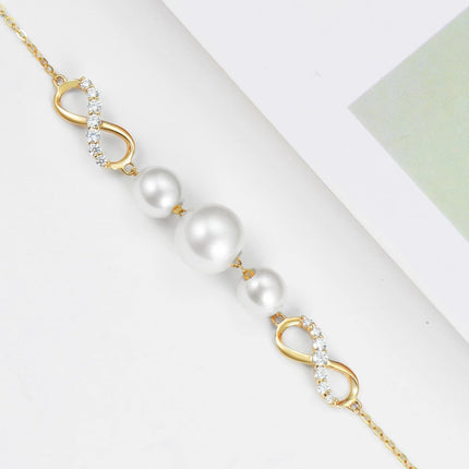 14K Gold Infinity Pearls & Cubic Zirconia Charm Bracelet for Women - Adjustable Size (7-9)