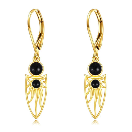 10K Gold Black Onyx Owl Shape Filigree Boho Leverback Earrings
