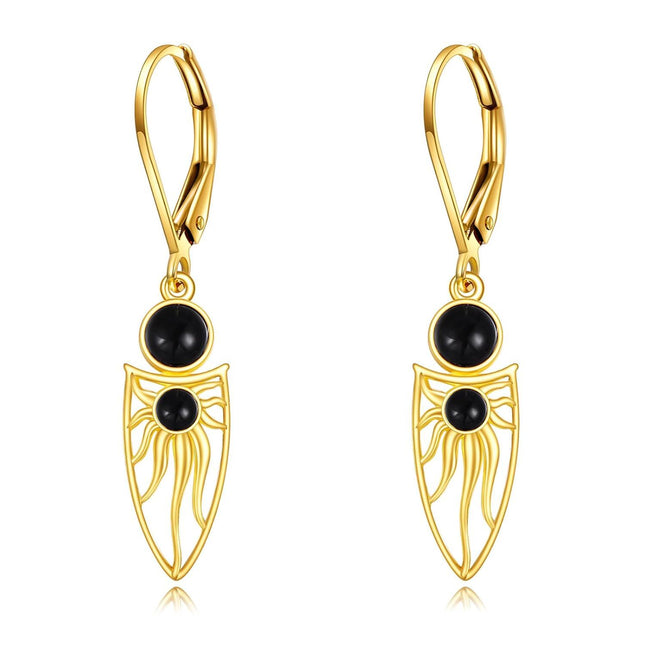 10K Gold Black Onyx Owl Shape Filigree Boho Leverback Earrings