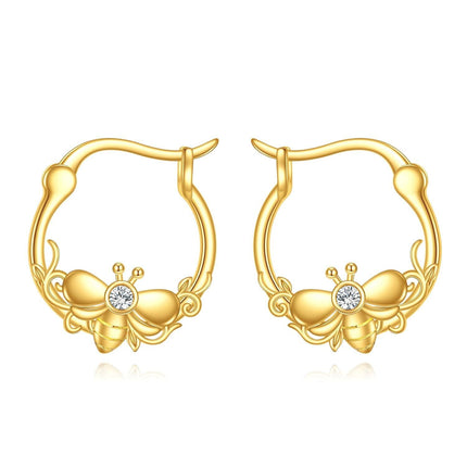 10K Gold Bee Design Hoop Earrings with Cubic Zirconia - Fashionable Gift for Her