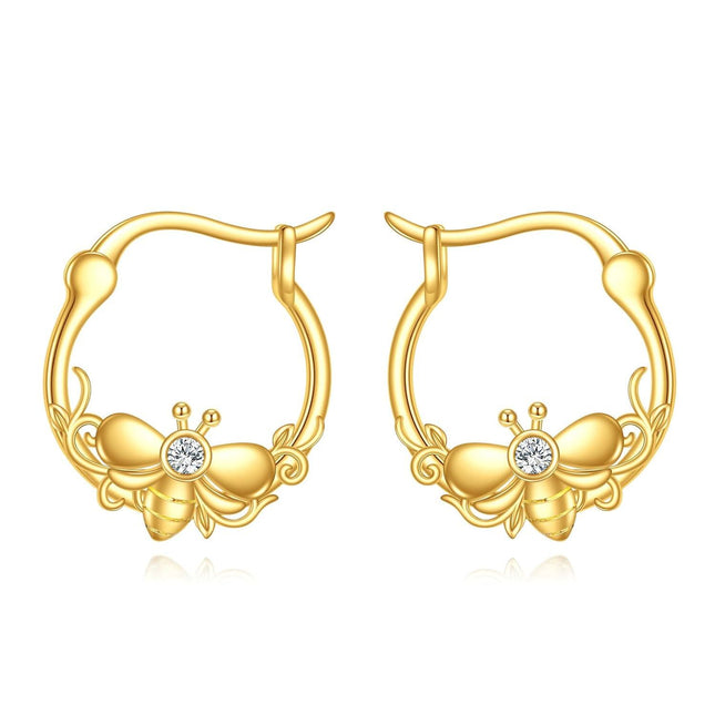 10K Gold Bee Design Hoop Earrings with Cubic Zirconia - Fashionable Gift for Her