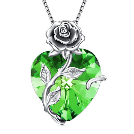 925 Sterling Silver Crystal Rose Flower Heart Pendant Necklace