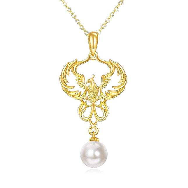14K Gold Phoenix Pearl Pendant Necklace - Symbolizing Renewal and Transformation s for Her