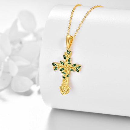 14K Gold Green Enamel Celtic Knot Tree Of Life Cross Pendant Necklace For Women