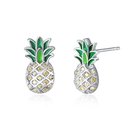 925 Sterling Silver Pineapple Stud Earrings with Green Enamel and Yellow CZs - Fashionable Gift for Women & Teenage Girls