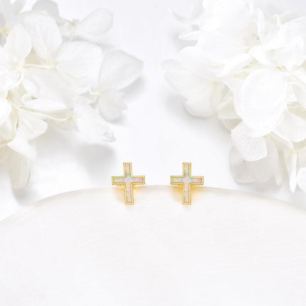 14K Gold Opal Cross Stud Earrings for Women - Religious Ideas