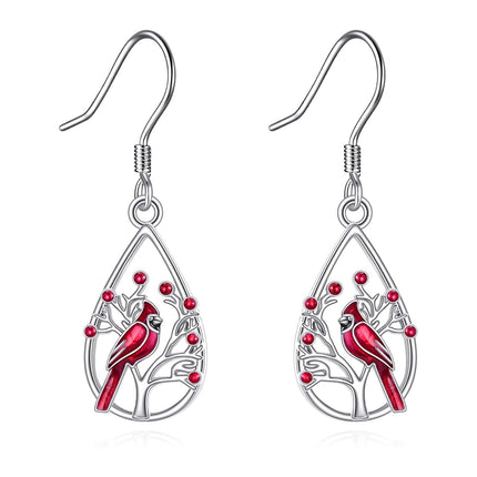 925 Sterling Silver Cardinal Bird Tree Branch Drop Earrings with Red Enamel and Crystal Accents for Women