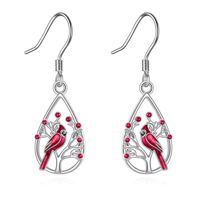 925 Sterling Silver Cardinal Bird Tree Branch Drop Earrings with Red Enamel and Crystal Accents for Women
