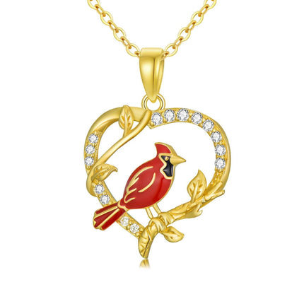 14K Gold Cardinal Bird Pendant Necklace with Cubic Zirconia for Women