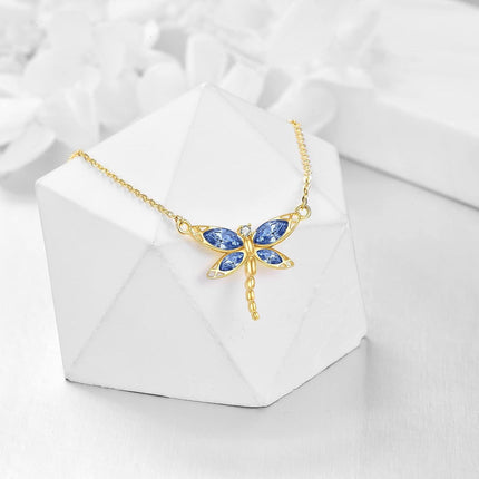14K Gold Blue Crystal Dragonfly Butterfly Pendant Necklace for Women