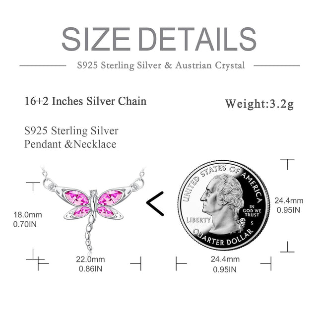 925 Sterling Silver Crystal Dragonfly Necklace Birthstone Jewelry Gift