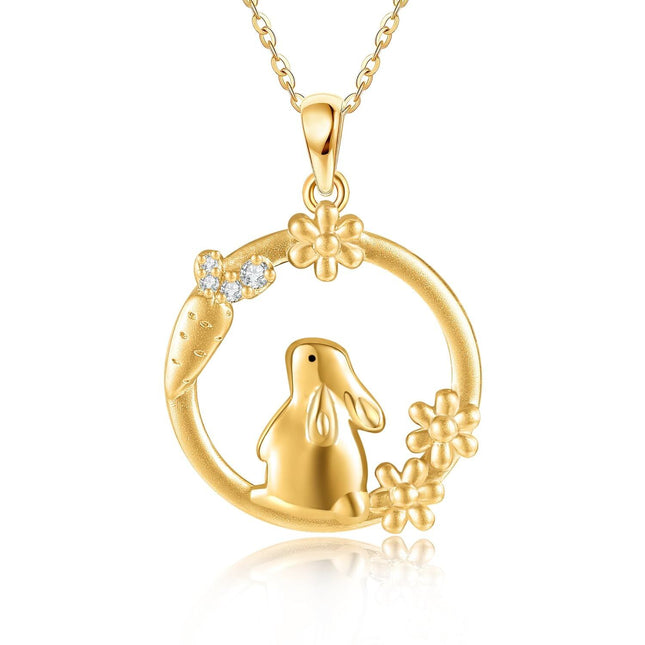 14K Gold Rabbit Pendant Necklace with Flowers and Carrots - Summer for Women Lovers Valentines Mother's Day