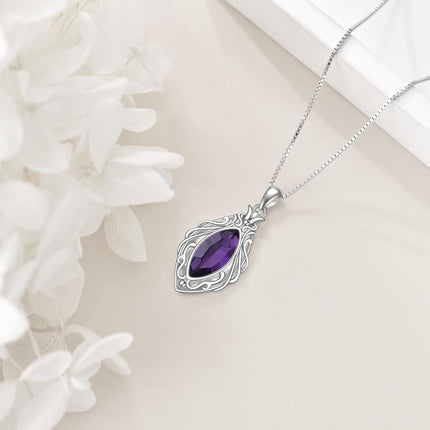 925 Sterling Silver Marquise Cut Amethyst and Crystal Pendant Necklace