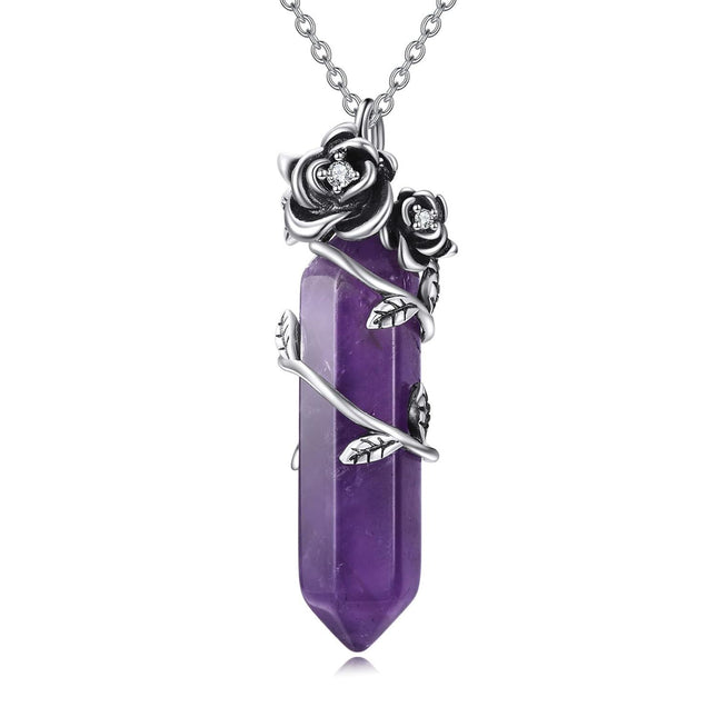 925 Sterling Silver Purple Amethyst Crystal Flower Pendant Necklace for Women Gifts