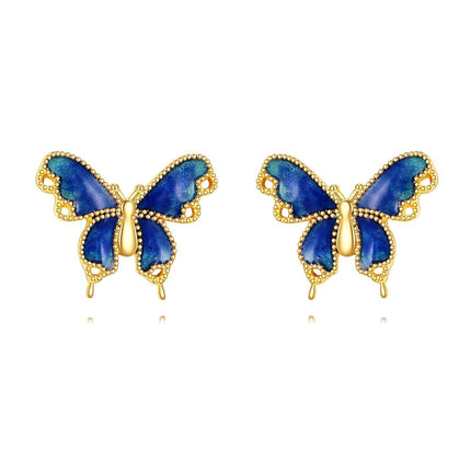 14K Gold Blue Enamel Butterfly Stud Earrings for Women