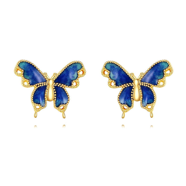 14K Gold Blue Enamel Butterfly Stud Earrings for Women
