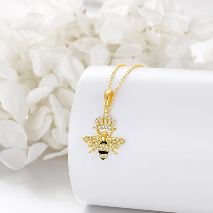 14K Gold Queen Bee Pendant Necklace with Crystal Crown and Honeycomb Design for Women's s
