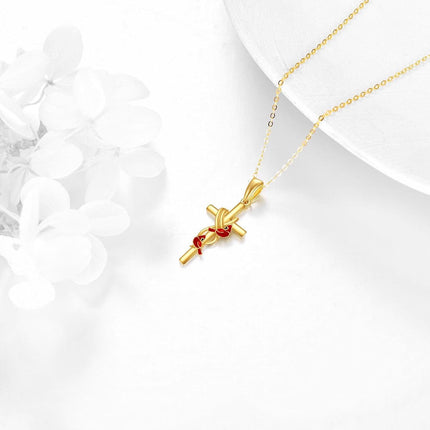 14K Gold Cross with Red Birds and Knot Design Pendant Necklace for Women Gifts