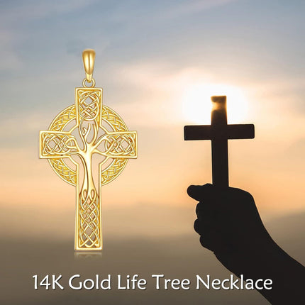 14K Gold Celtic Tree of Life Cross Pendant Necklace - Religious  for Men & Women