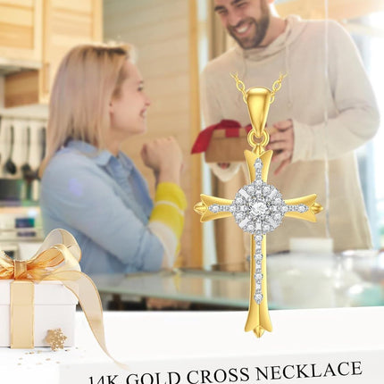 14K Solid Gold Cross Pendant Necklace for Women - 23mm Faith Hope Salvation Gift, 2.1g with 16 Adjustable Chain, Nickel-Free Lead-Free
