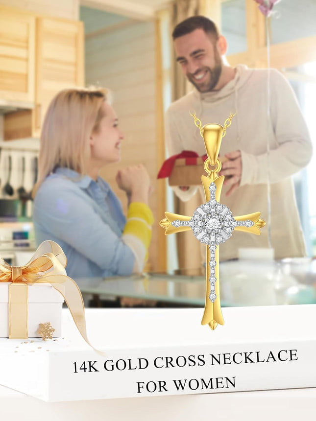 14K Solid Gold Cross Pendant Necklace for Women - 23mm Faith Hope Salvation Gift, 2.1g with 16 Adjustable Chain, Nickel-Free Lead-Free