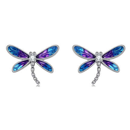 925 Sterling Silver Purple Blue Enamel Dragonfly Stud Earrings  for Women