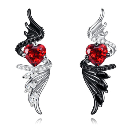 925 Sterling Silver Heart Angel & Devil Wing Stud Earrings with Red Crystal and Black Stones for Women Gift Set