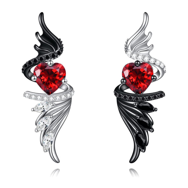 925 Sterling Silver Heart Angel & Devil Wing Stud Earrings with Red Crystal and Black Stones for Women Gift Set