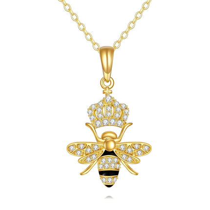 14K Gold Queen Bee Pendant Necklace with Crystal Crown and Honeycomb Design for Women's s